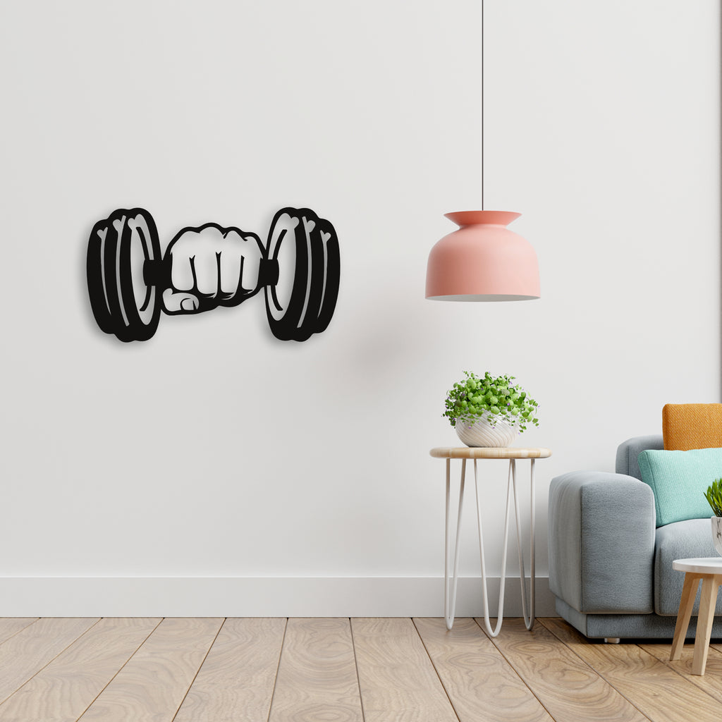 Dambıl Tutan El Metal Duvar Dekoru | Güç ve Fitness Temalı Tasarım