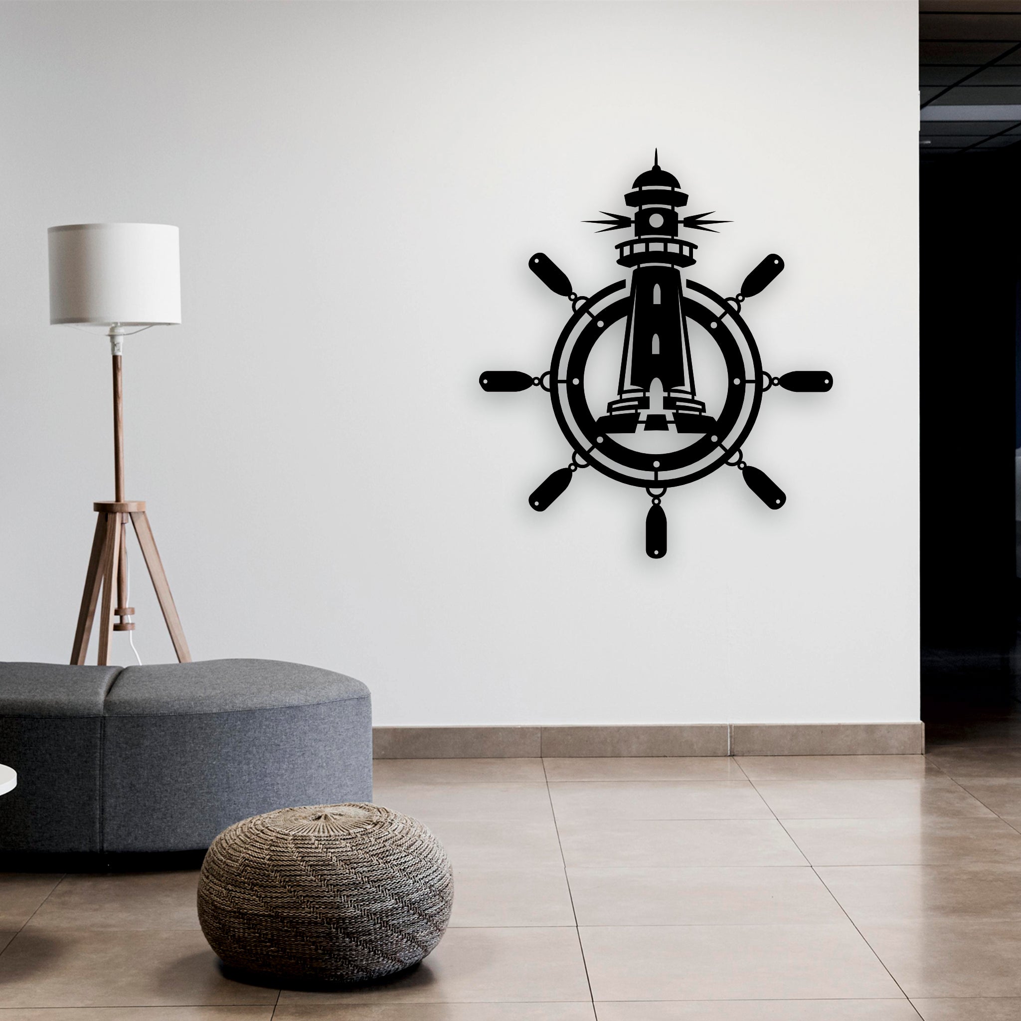 Deniz Feneri ve Gemi Dümeni Metal Duvar Dekoru | Denizcilik Temalı Tasarım