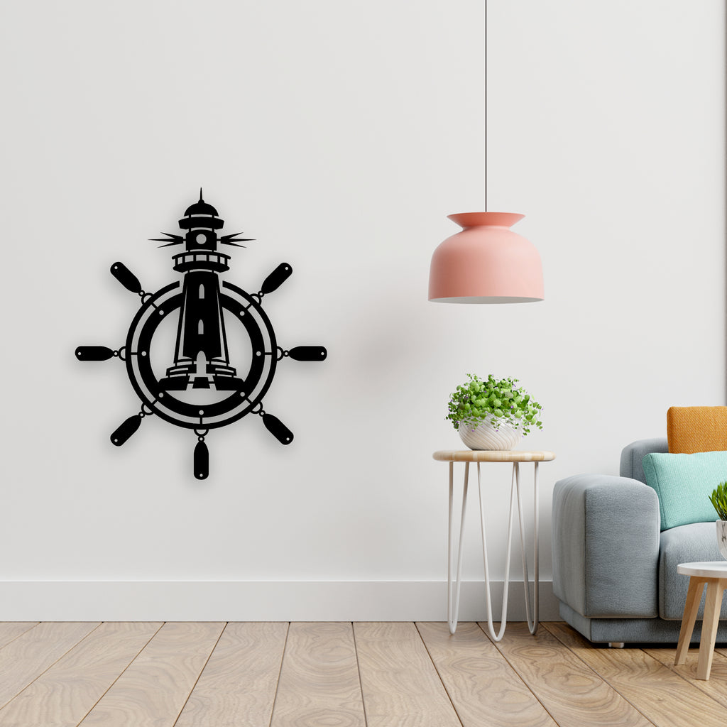 Deniz Feneri ve Gemi Dümeni Metal Duvar Dekoru | Denizcilik Temalı Tasarım