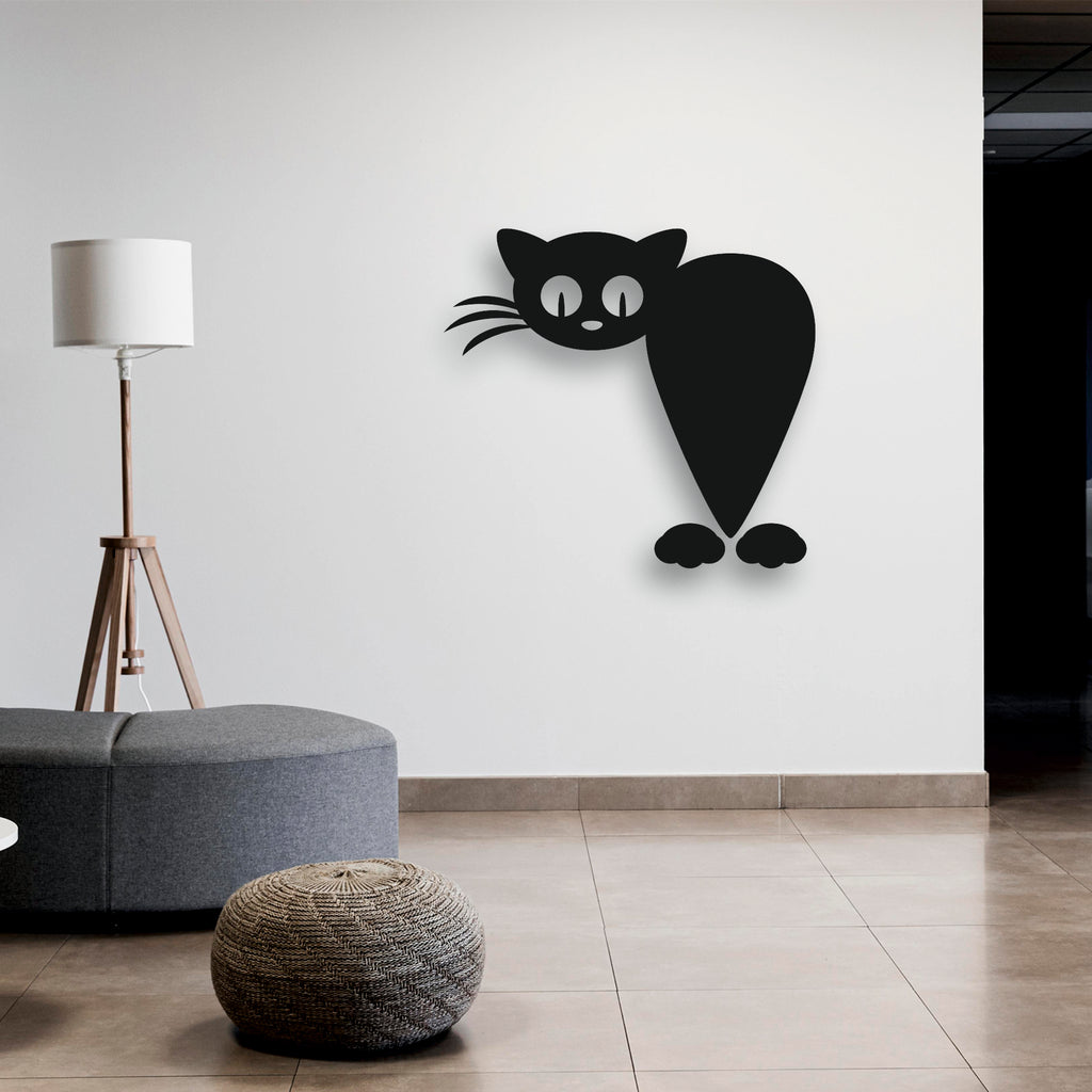 Eğlenceli Kedi Figürlü Metal Duvar Süsü | Minimalist Lazer Kesim