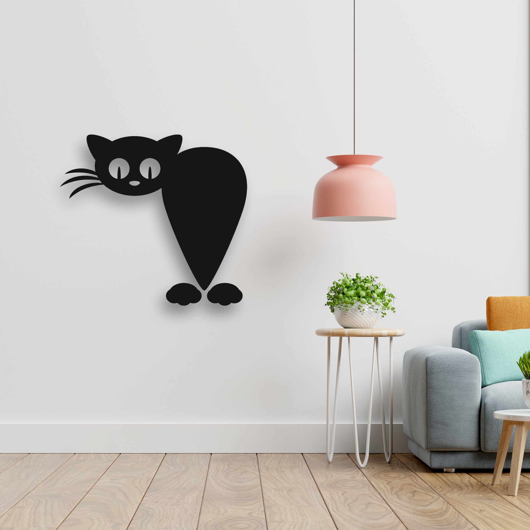 Eğlenceli Kedi Figürlü Metal Duvar Süsü | Minimalist Lazer Kesim