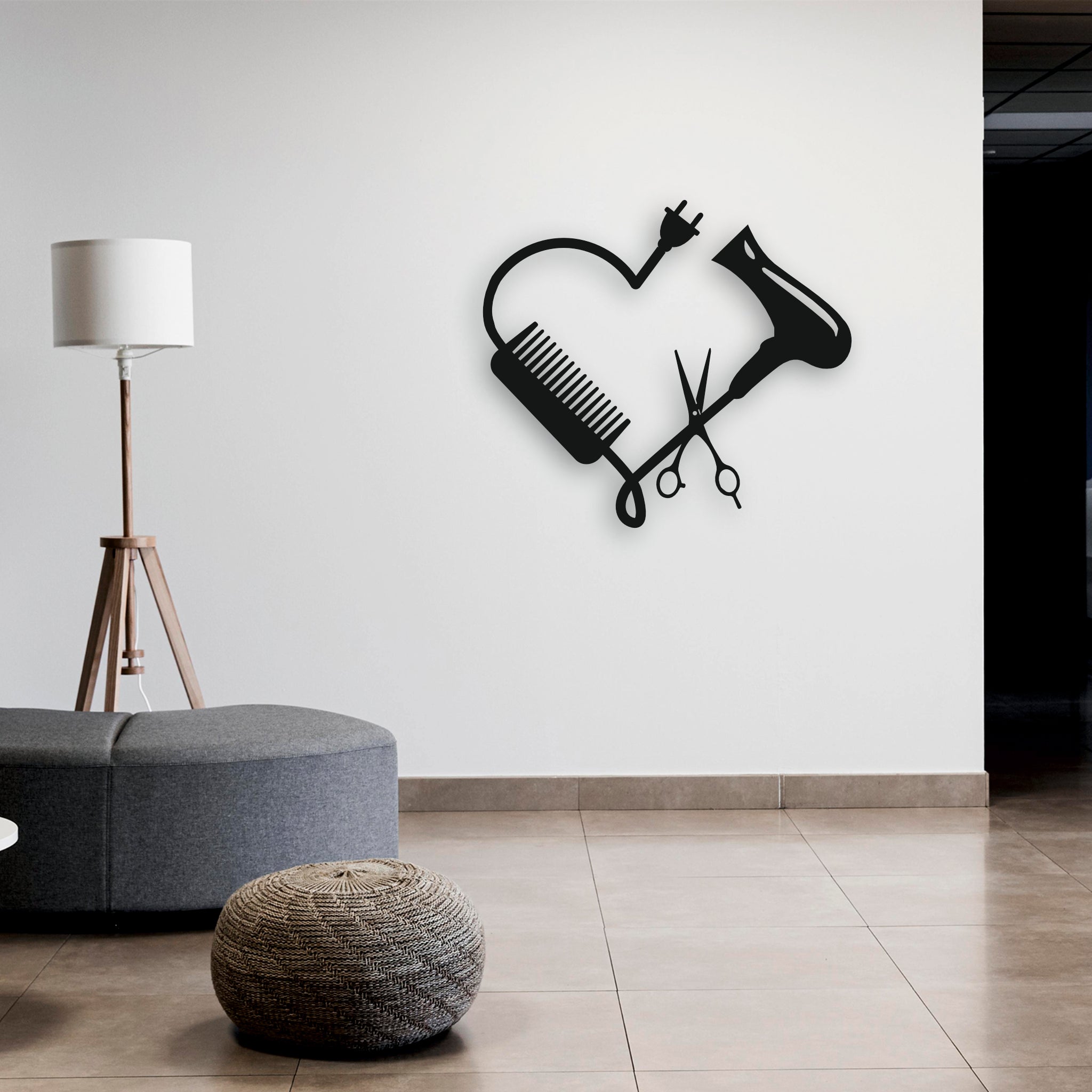 Kuaför Aşkı Metal Duvar Dekoru | Kalp Şeklinde Saç Kurutma Makinesi ve Makas