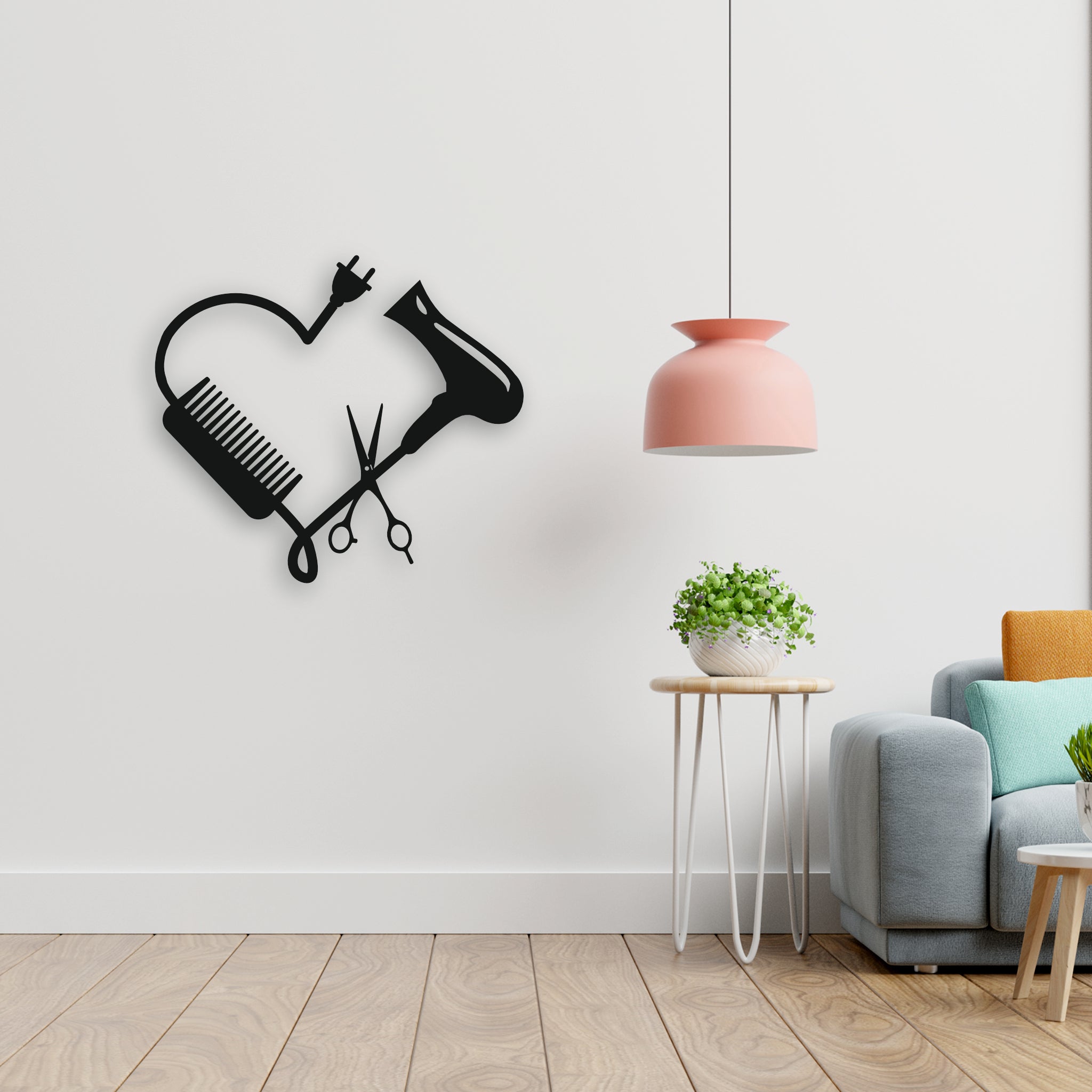 Kuaför Aşkı Metal Duvar Dekoru | Kalp Şeklinde Saç Kurutma Makinesi ve Makas
