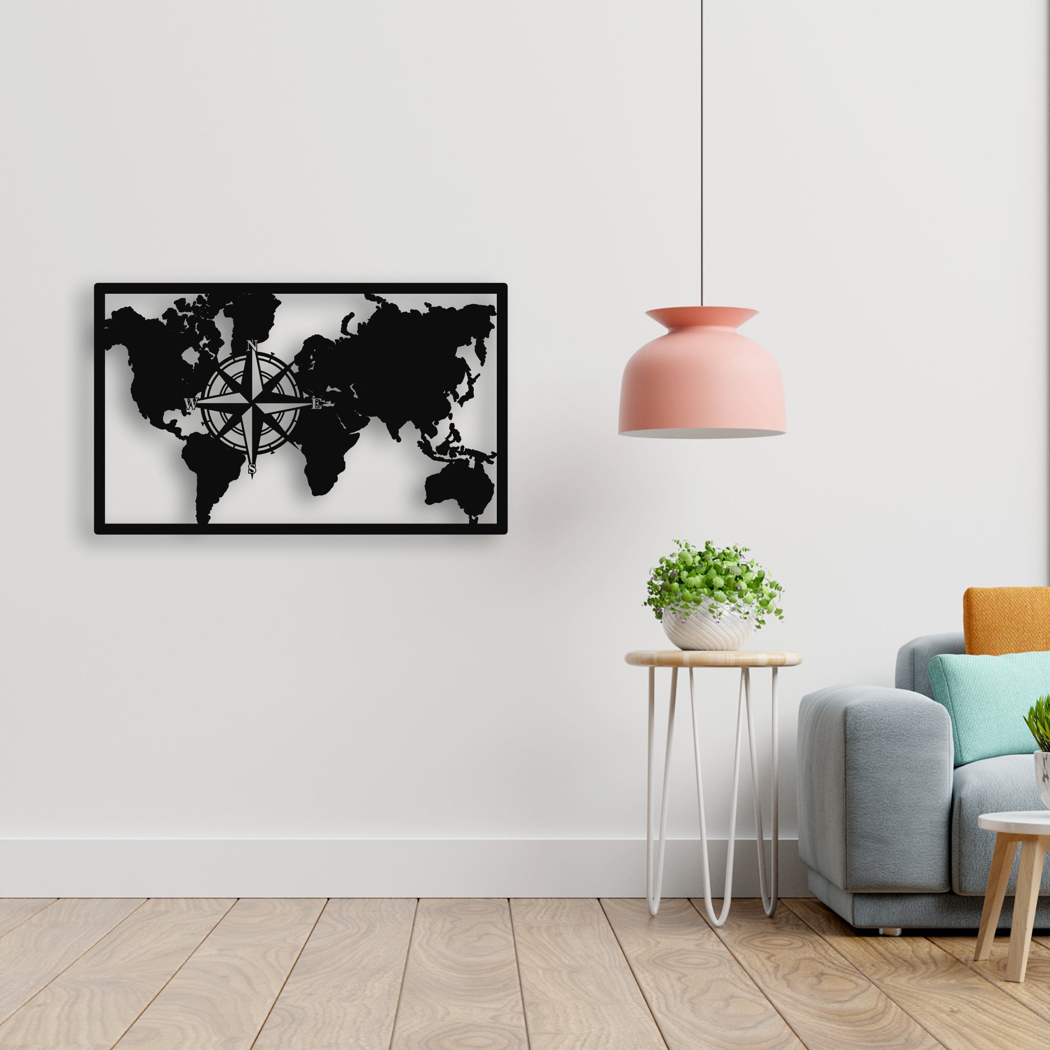 Dünya Haritası Metal Duvar Dekoru | Pusulalı ve Çizgisel Tasarım
