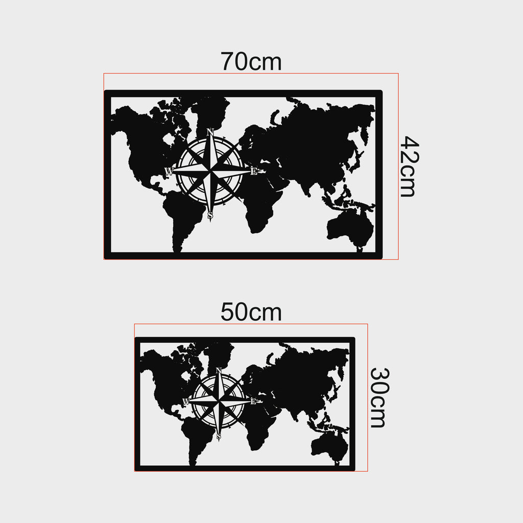 Dünya Haritası Metal Duvar Dekoru | Pusulalı ve Çizgisel Tasarım